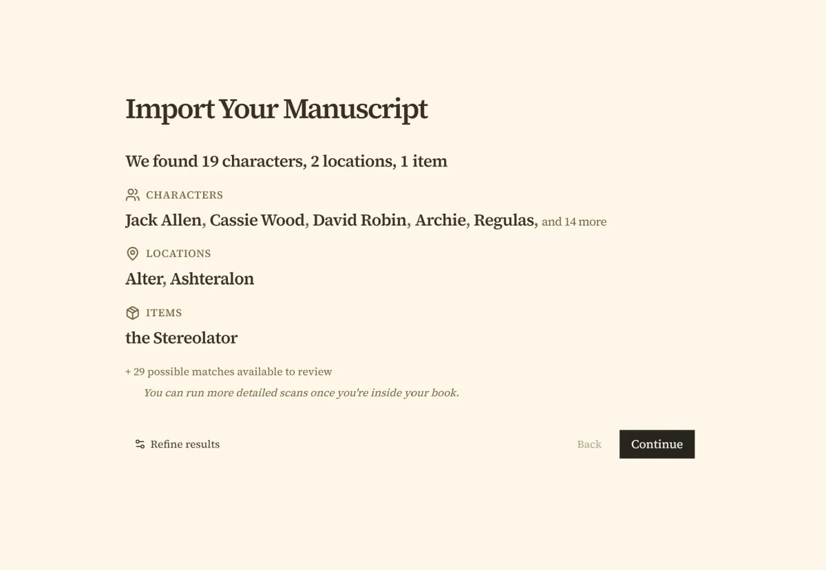 Penpoint's chapter import screen showing detected chapter breaks in an imported manuscript, ready for review before creation