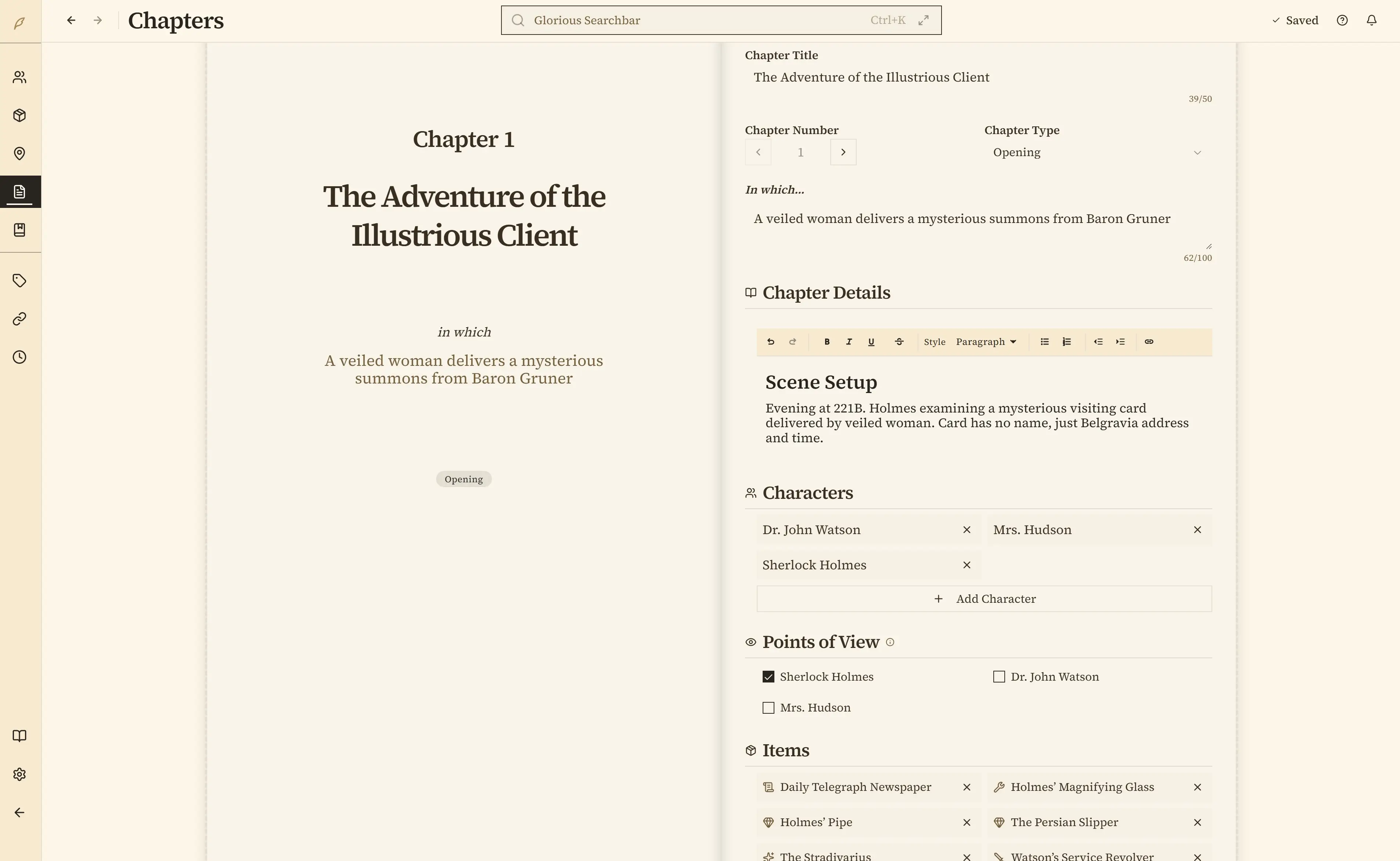 Chapters page showing POV tracking and character appearances