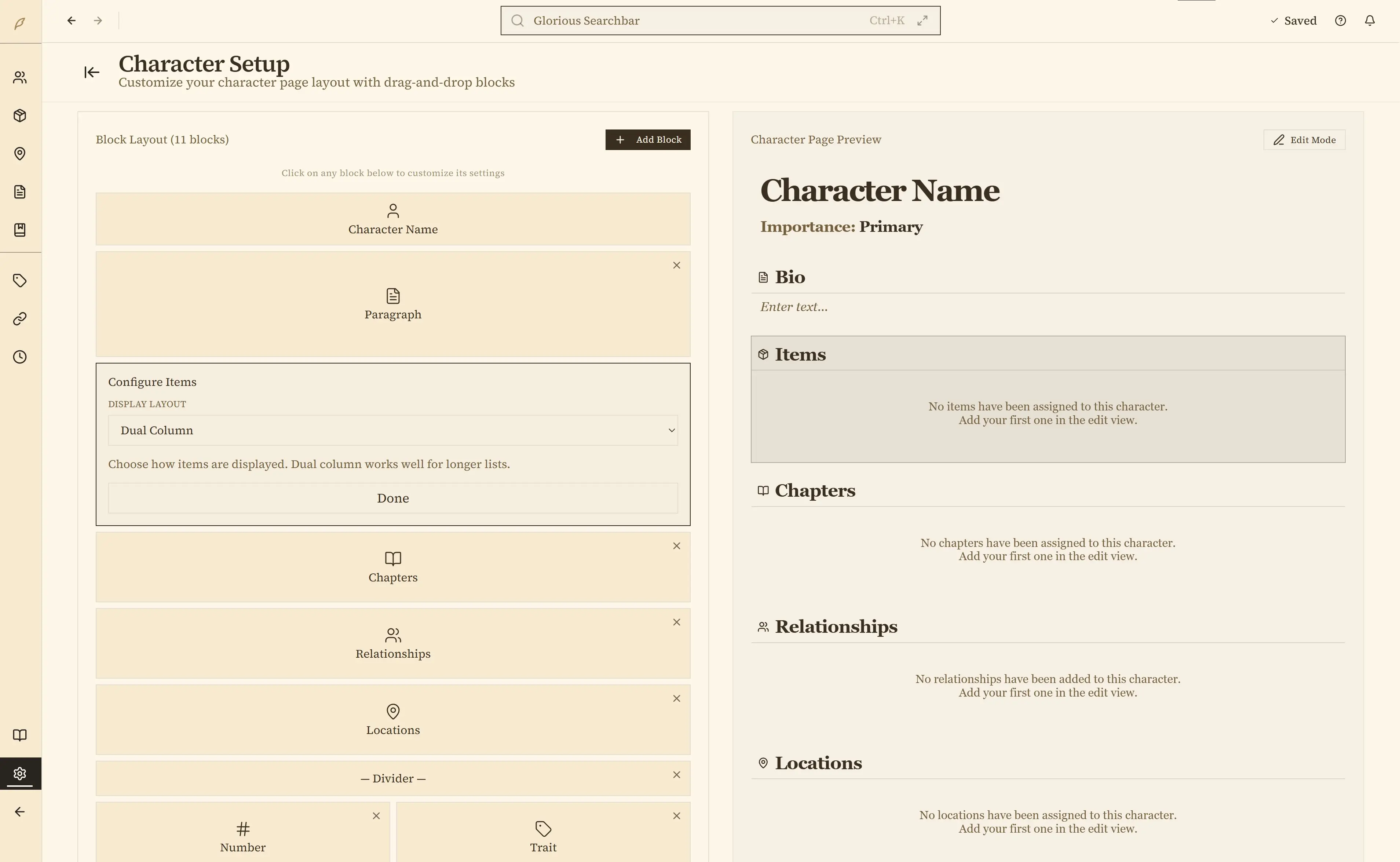 Character layout customization with drag-and-drop blocks