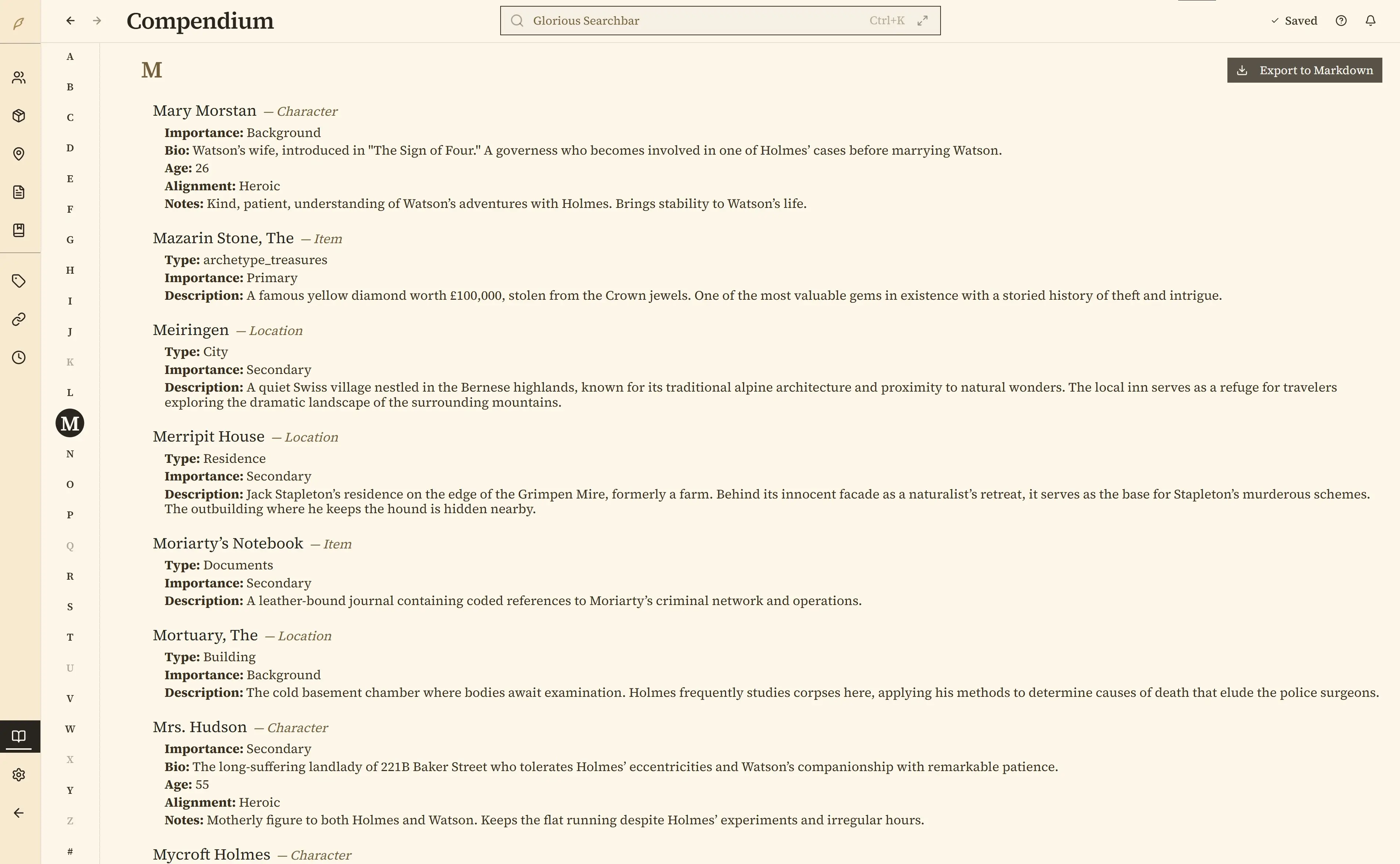 Compendium showing alphabetical index of story elements