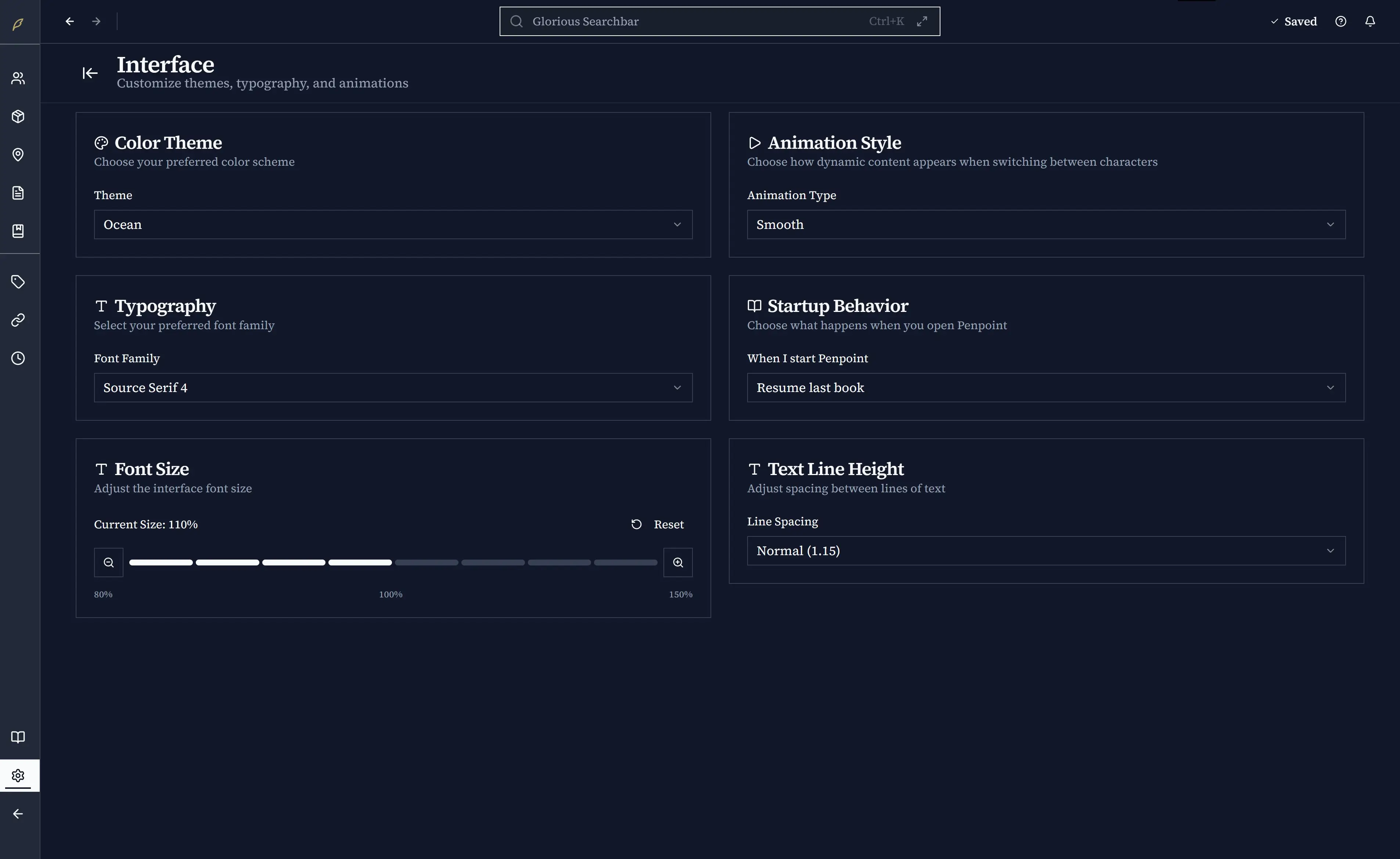 Interface settings showing theme and typography options