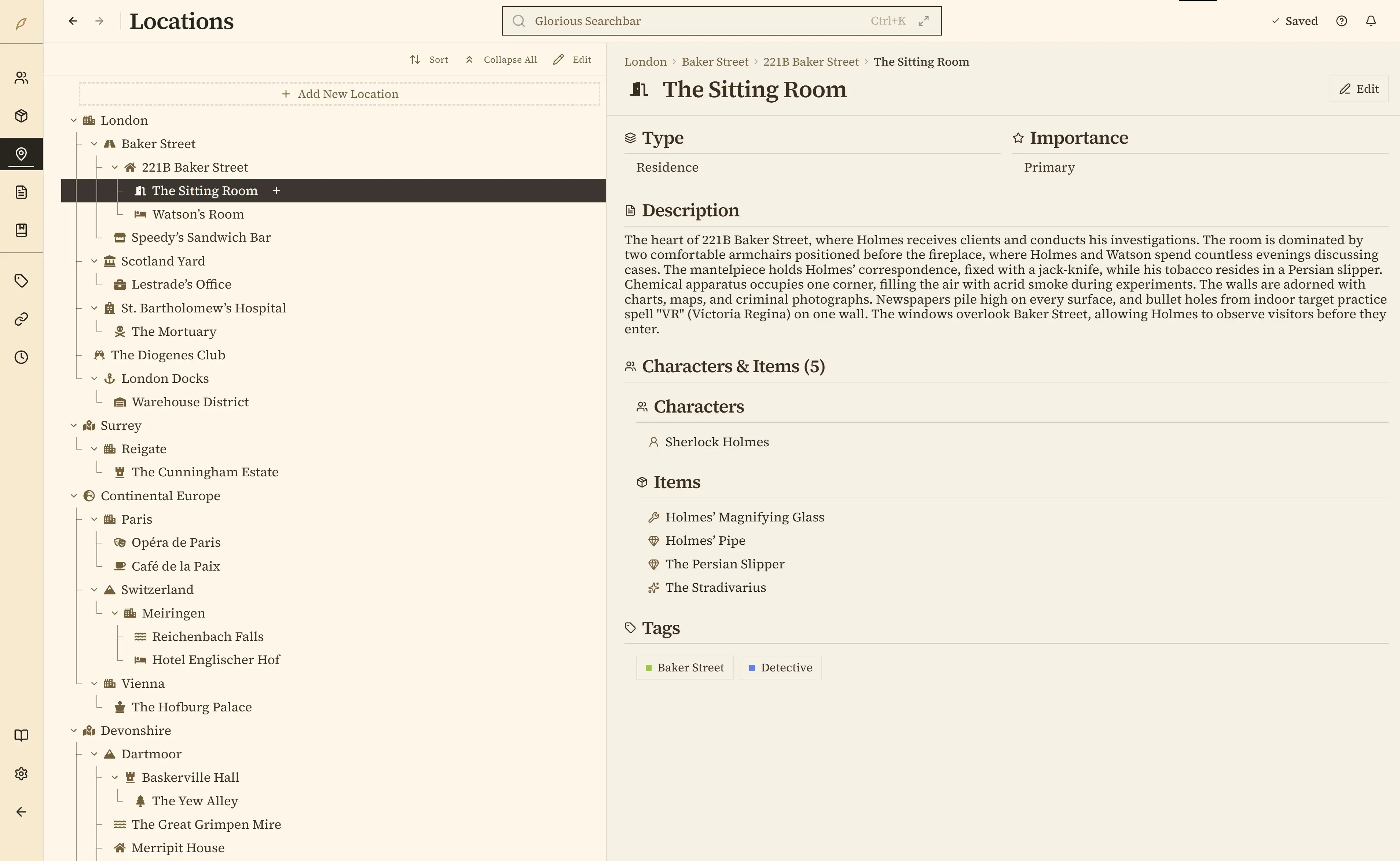 Nested locations tree with expandable hierarchy
