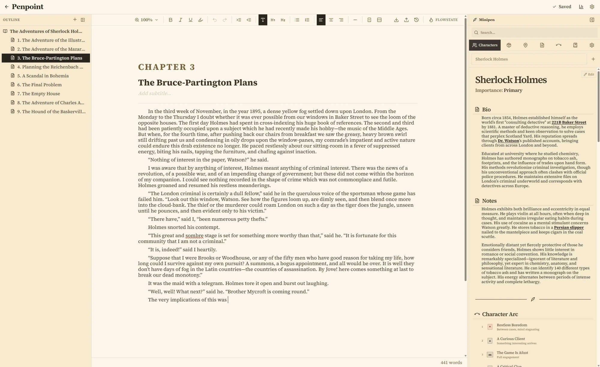 Penpoint's manuscript editor alongside the worldbuilding sidebar