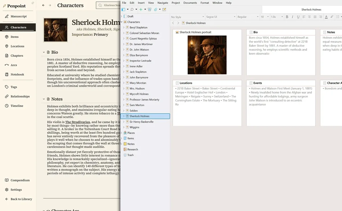 Sherlock Holmes's character page in Penpoint beside the same character in Scrivener 3, where the whole cast sits in the binder's Characters folder next to Places, Items, and Notes
