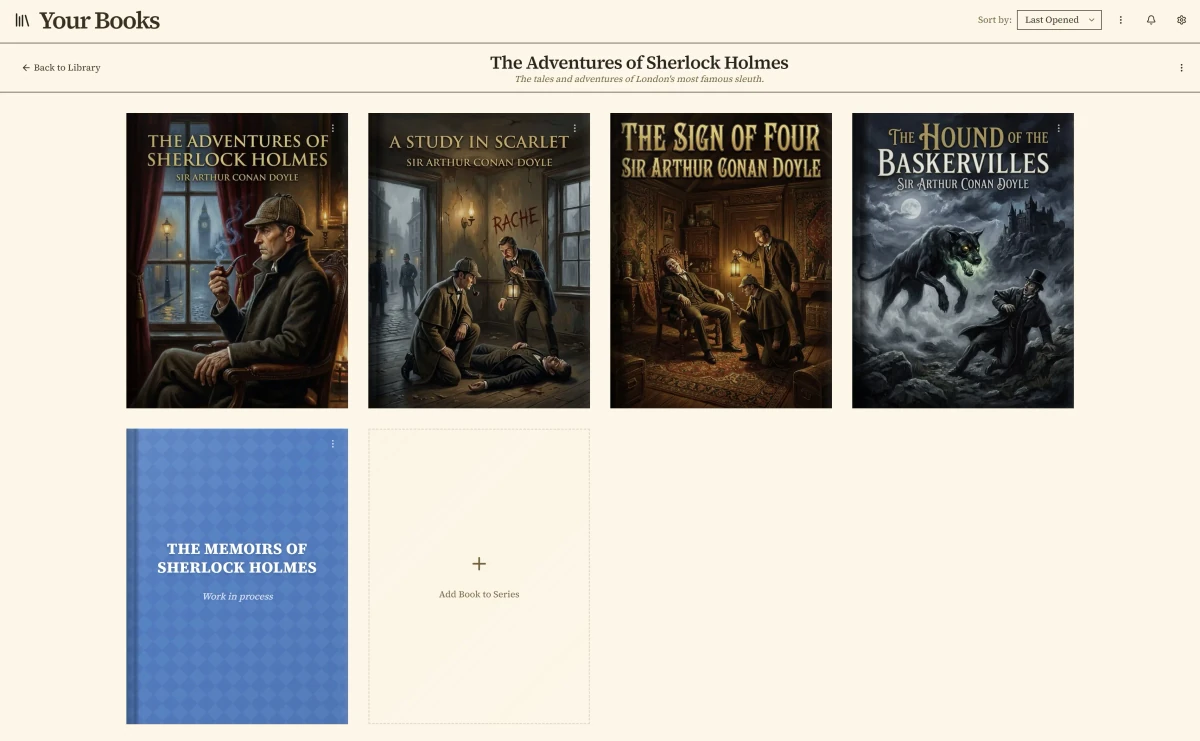 A Penpoint series shelf showing each book in the series as its own card, with an Add Book to Series card