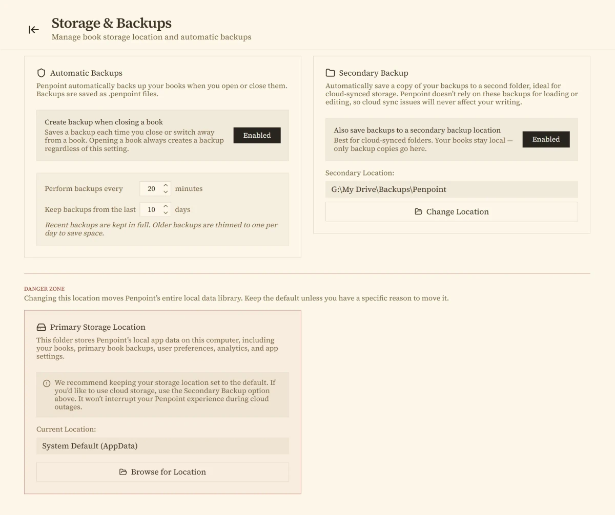 Penpoint's Storage and Backups settings, showing automatic backups and a second backup folder on a cloud drive