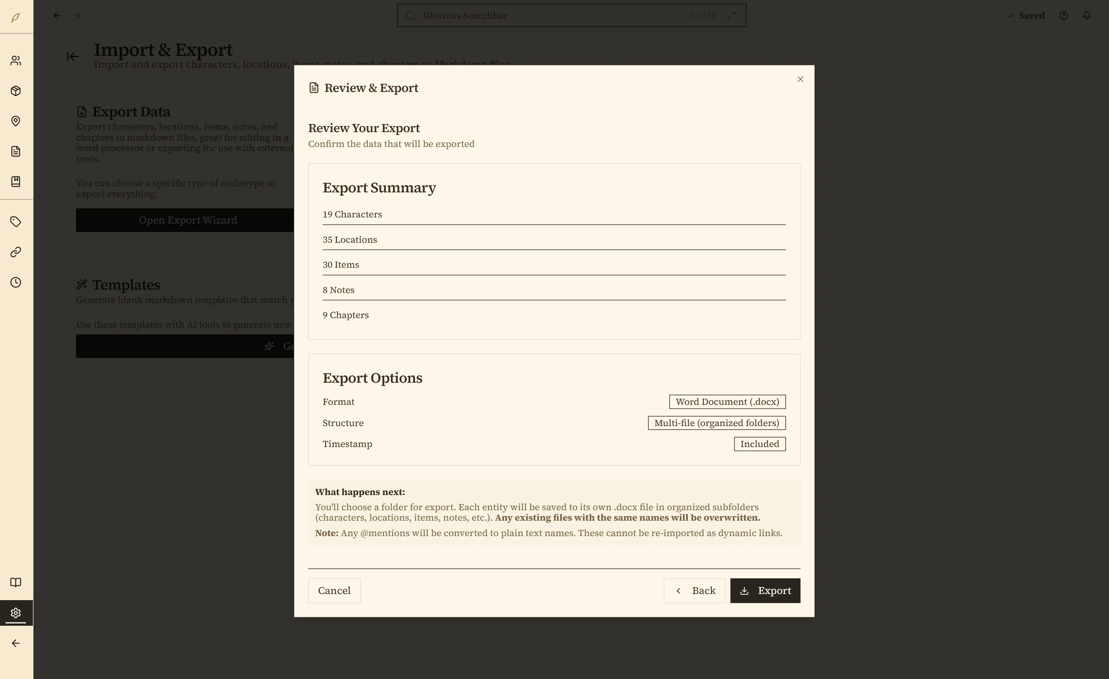 Export system showing PDF export progress