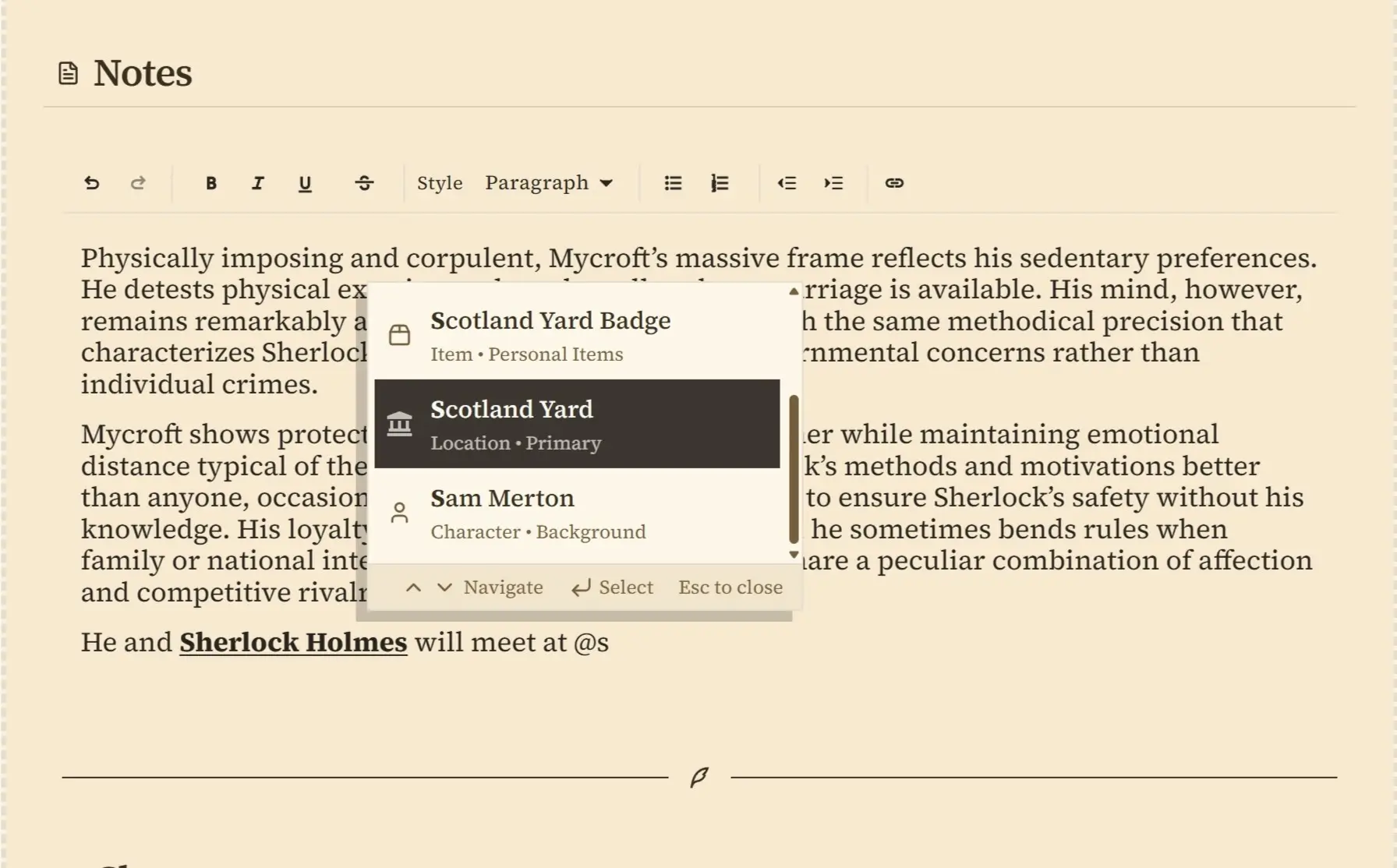 @mention autocomplete showing characters, locations, and items
