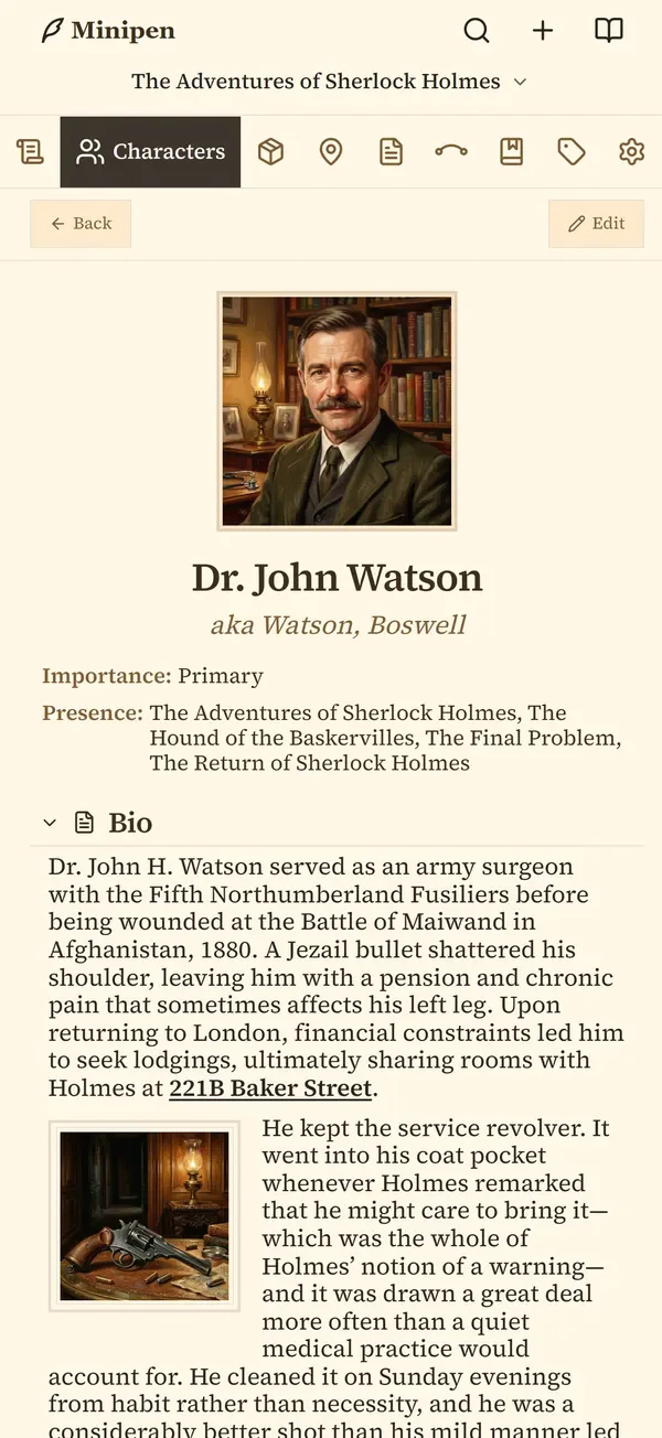 Minipen showing the character page for Dr. John Watson, with his portrait and bio