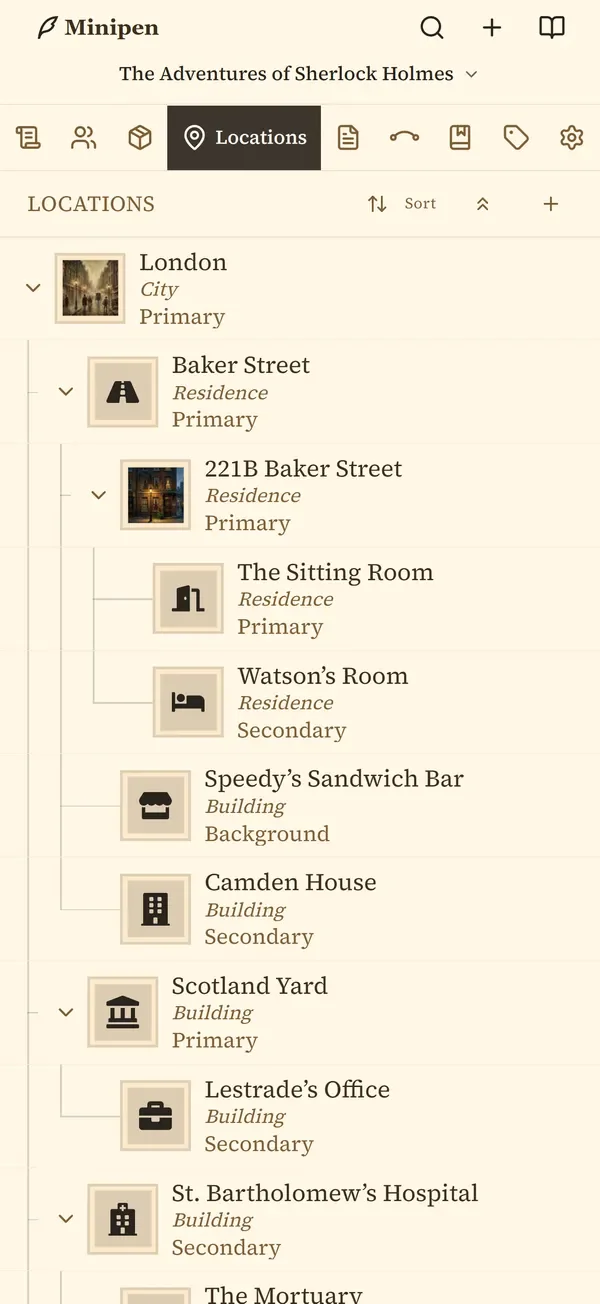 Minipen showing a book's locations as a tree, from London down to individual rooms